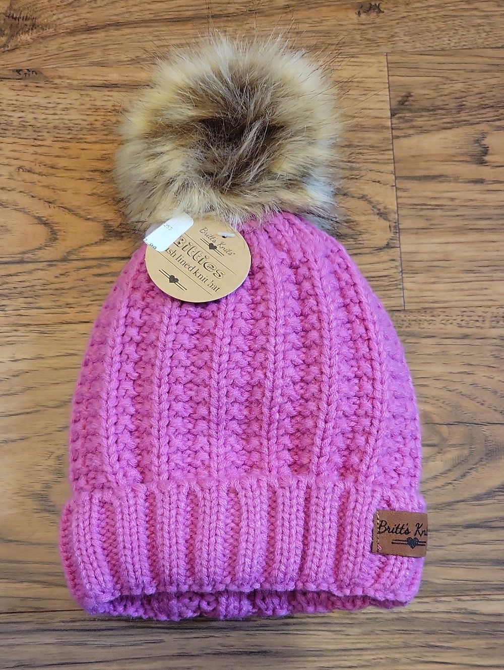 Britt's Knits Bitties Kids Pink Knit Beanie with Faux Fur Pom